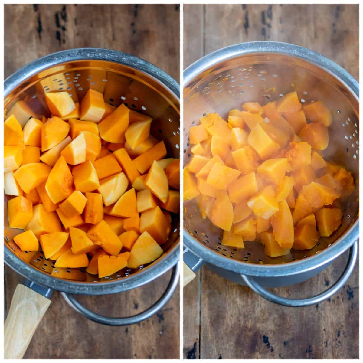 Cubes of squash in a pan, and cooked and drained.