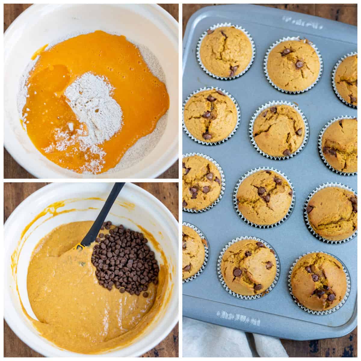 Collage of making batter, and muffins in a pan.