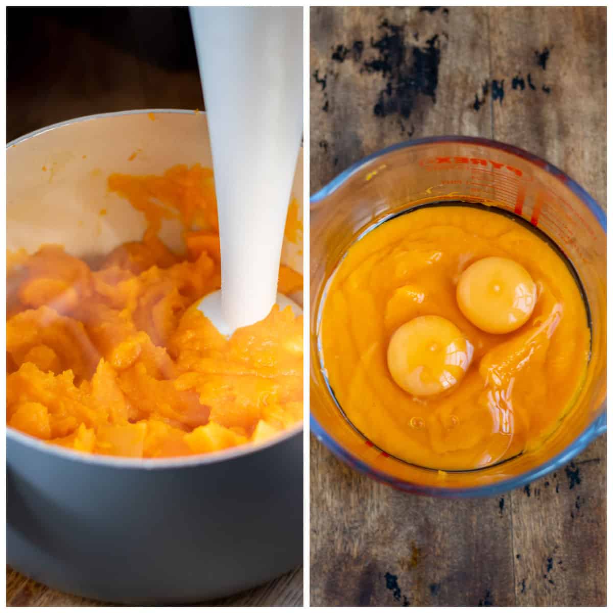 A stick blender pureeing squash, plus squash puree in a jug with eggs.