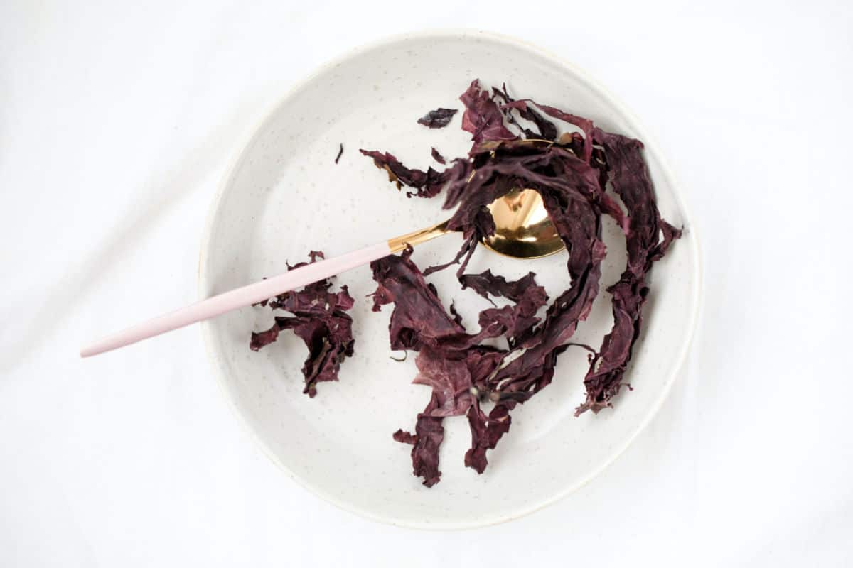 A plate with a spoon an pieces of dulse.