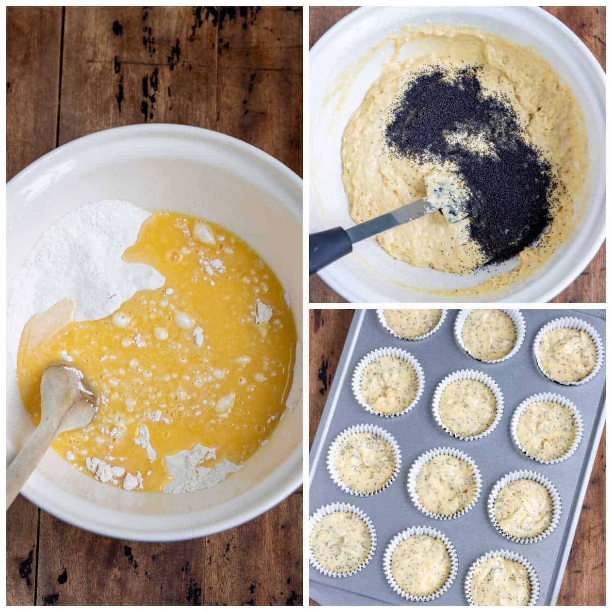 Mixing batter and filling muffin pan.
