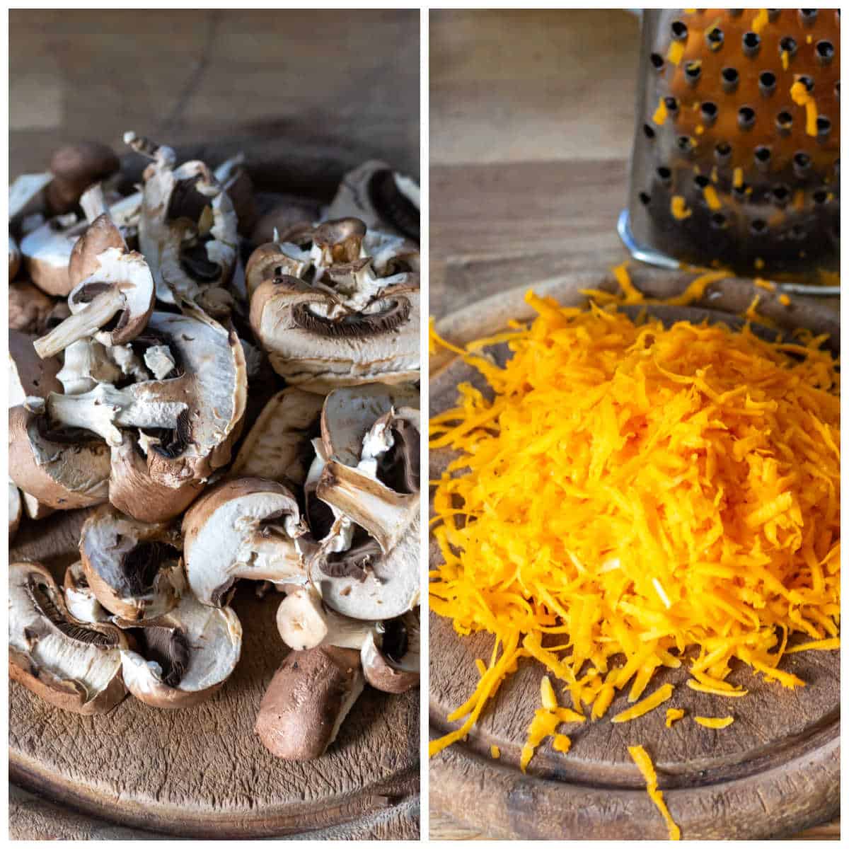 Mushroom chopped on a board, and grated squash.