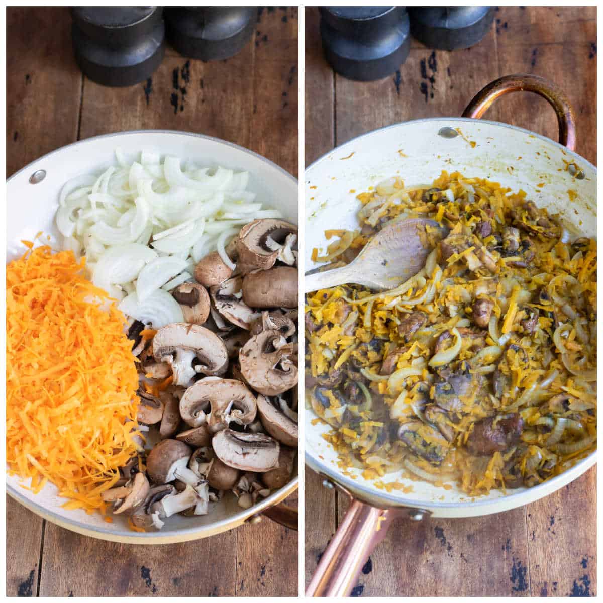 Onions, mushrooms and butternut squash in a pan.