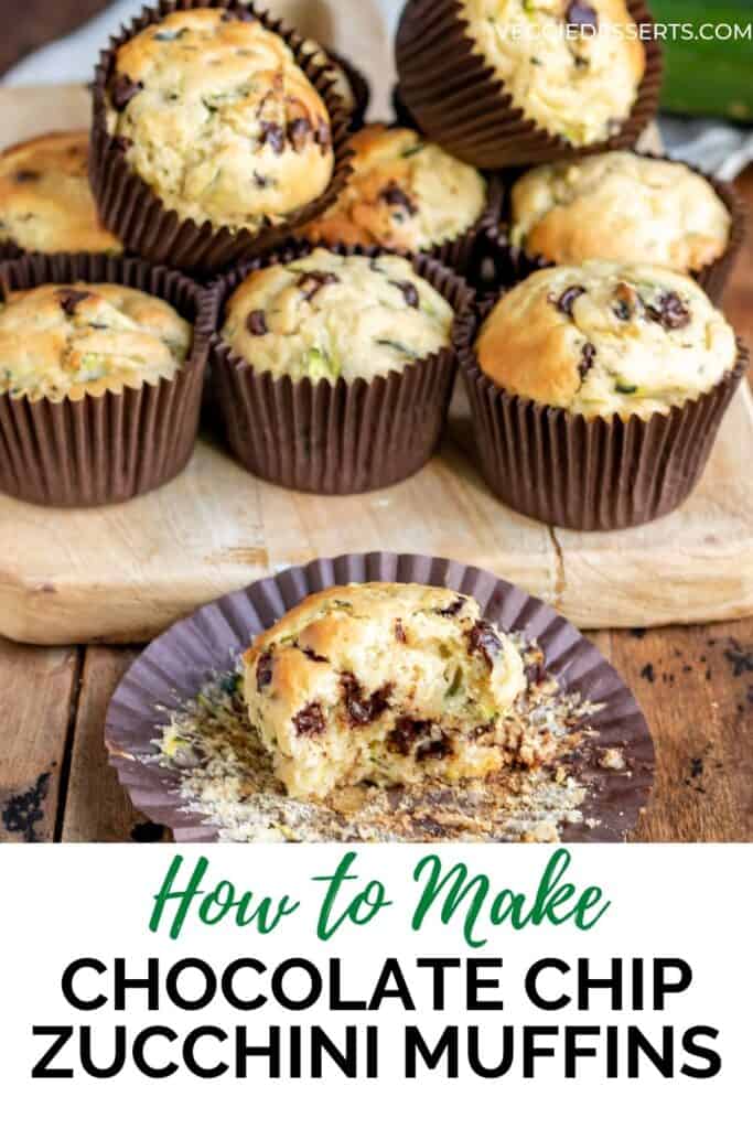 Muffin on a table with a bite out, with text: How to make chocolate chip zucchini muffins.