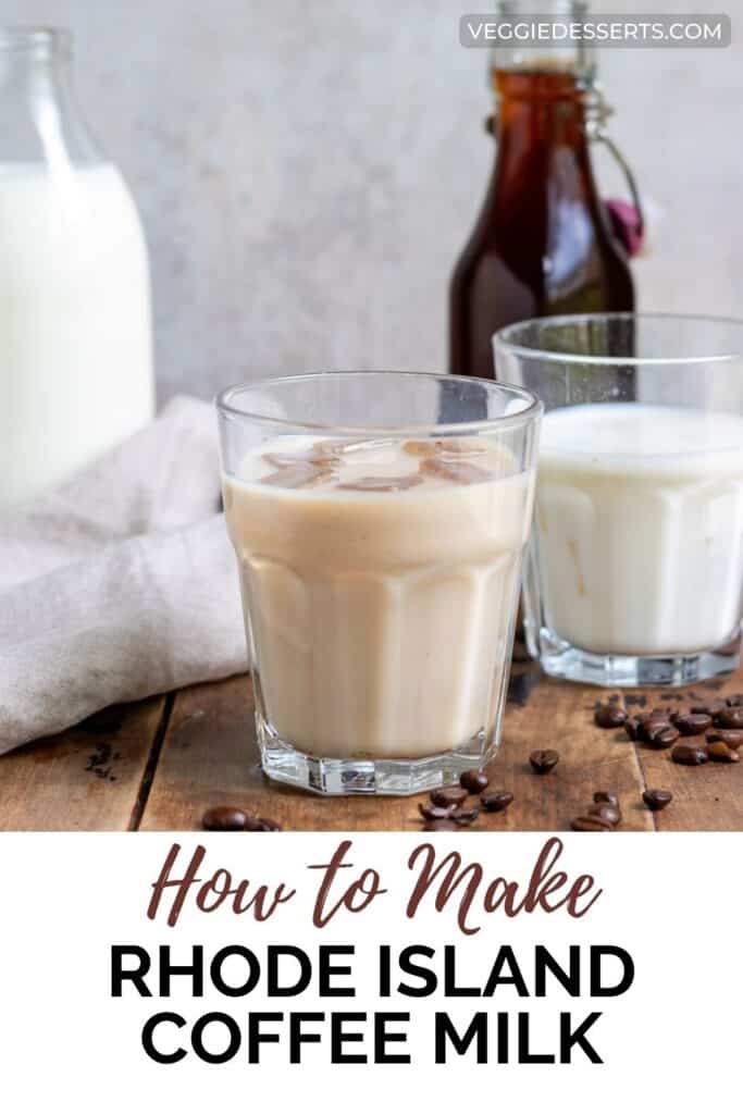 Glasses of coffee milk, with text: How to make Rhode Island Coffee Milk.