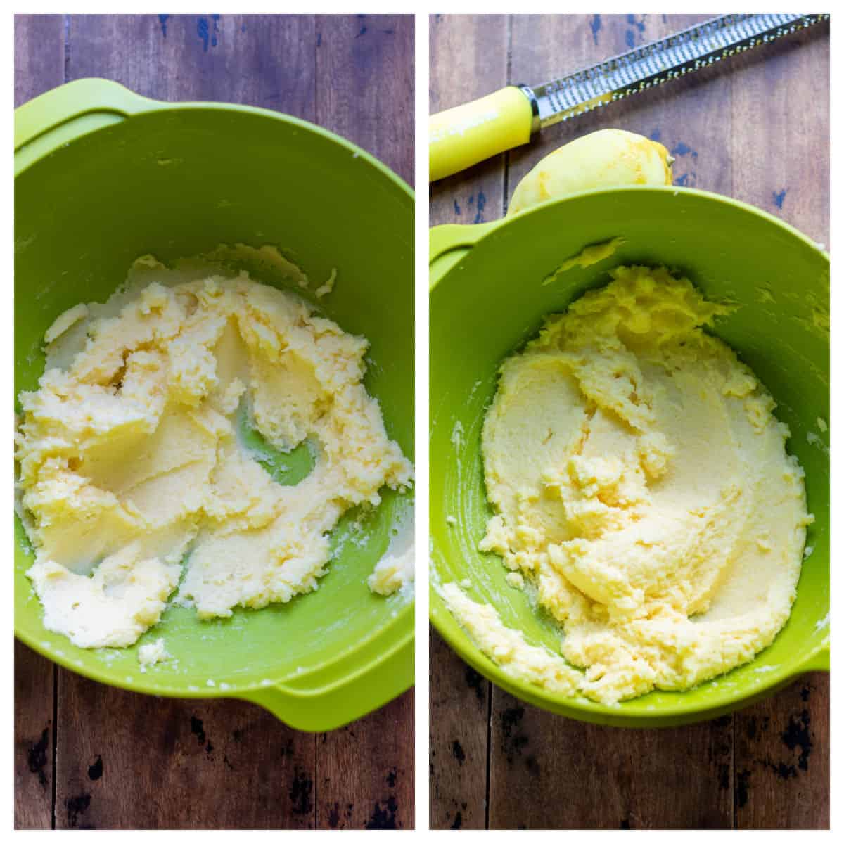 Mixing bowl with creamed butter and sugar.