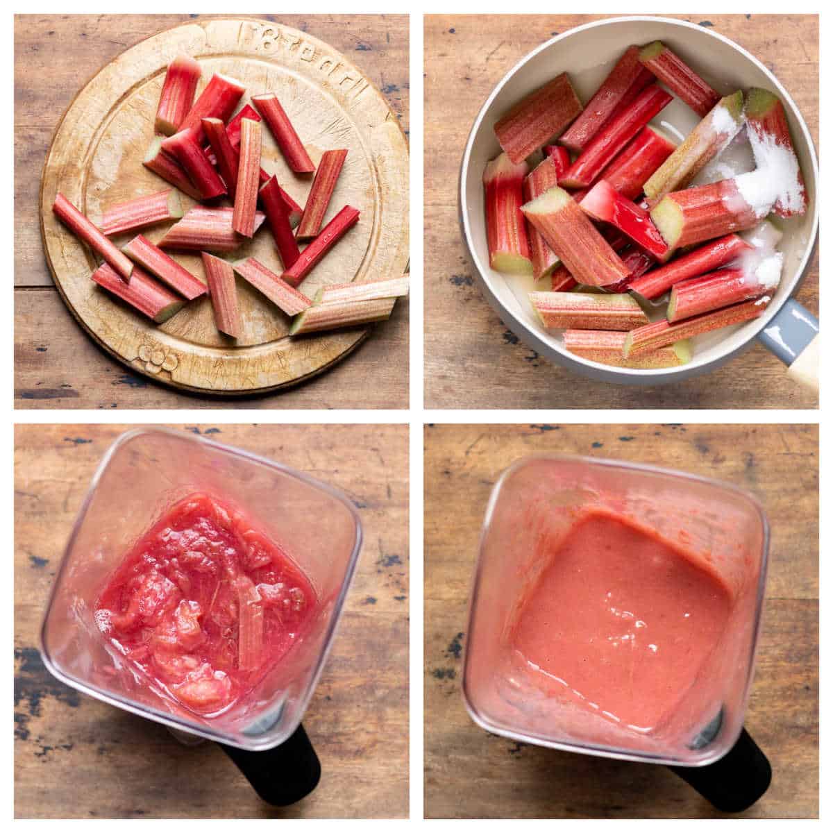 Collage of pureeing rhubarb.