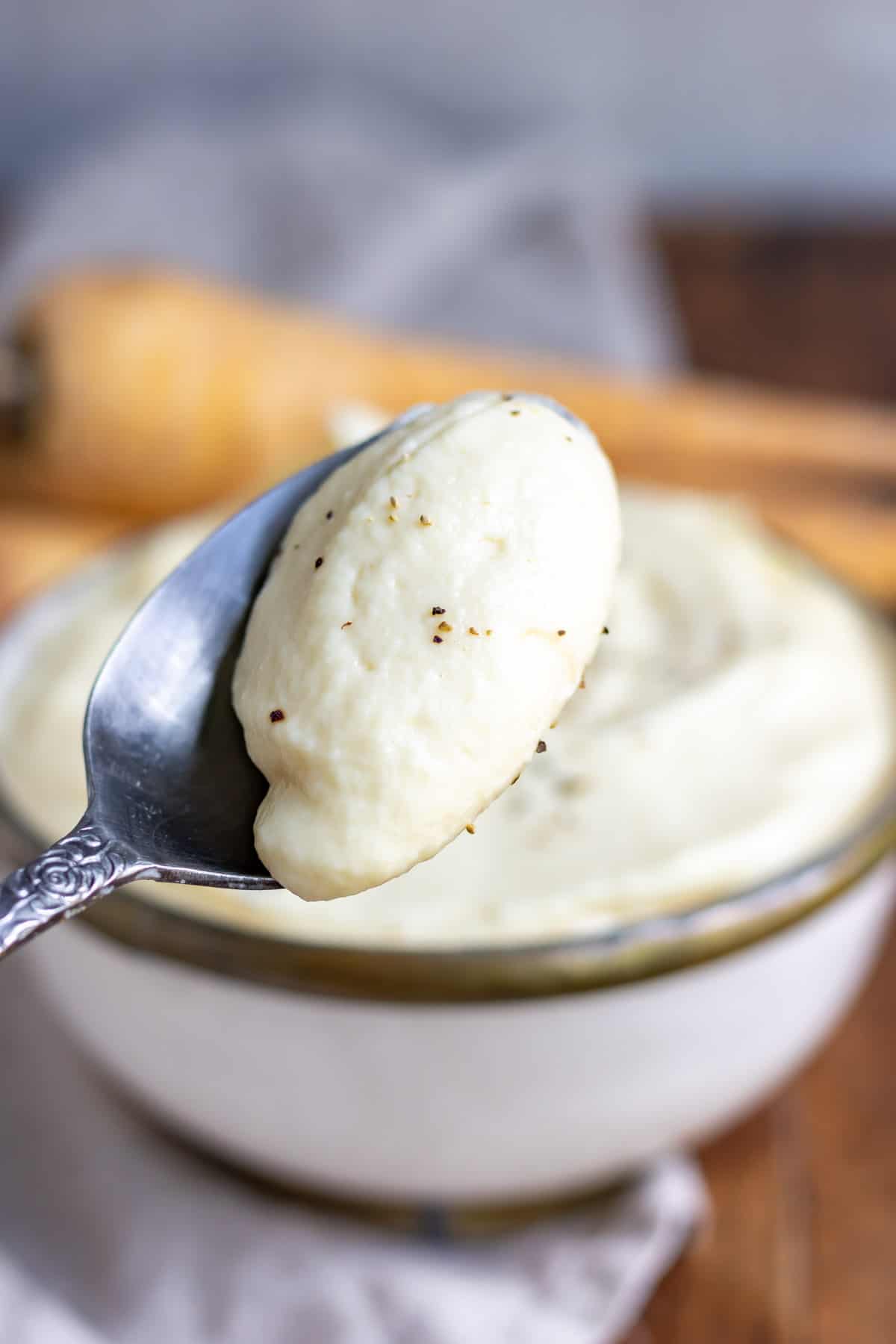 A spoonful of parsnip puree.