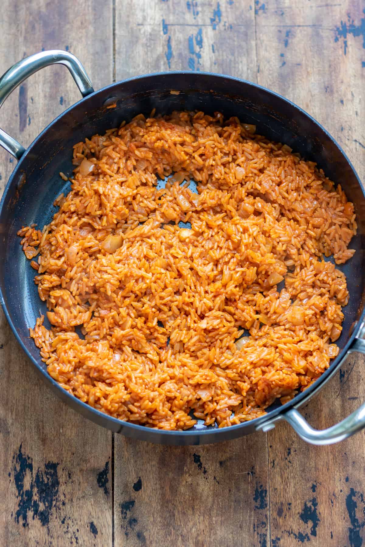 Seasoned rice in a pan.