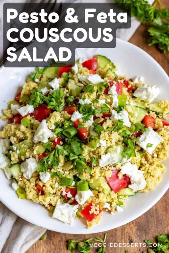 Dish of salad, with text: Pesto and Feta Couscous Salad.