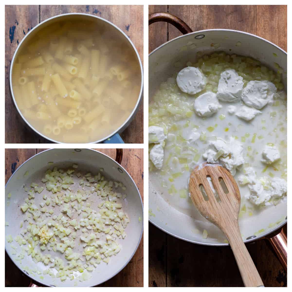 Boiling pasta, sautéing onions, adding goat cheese.