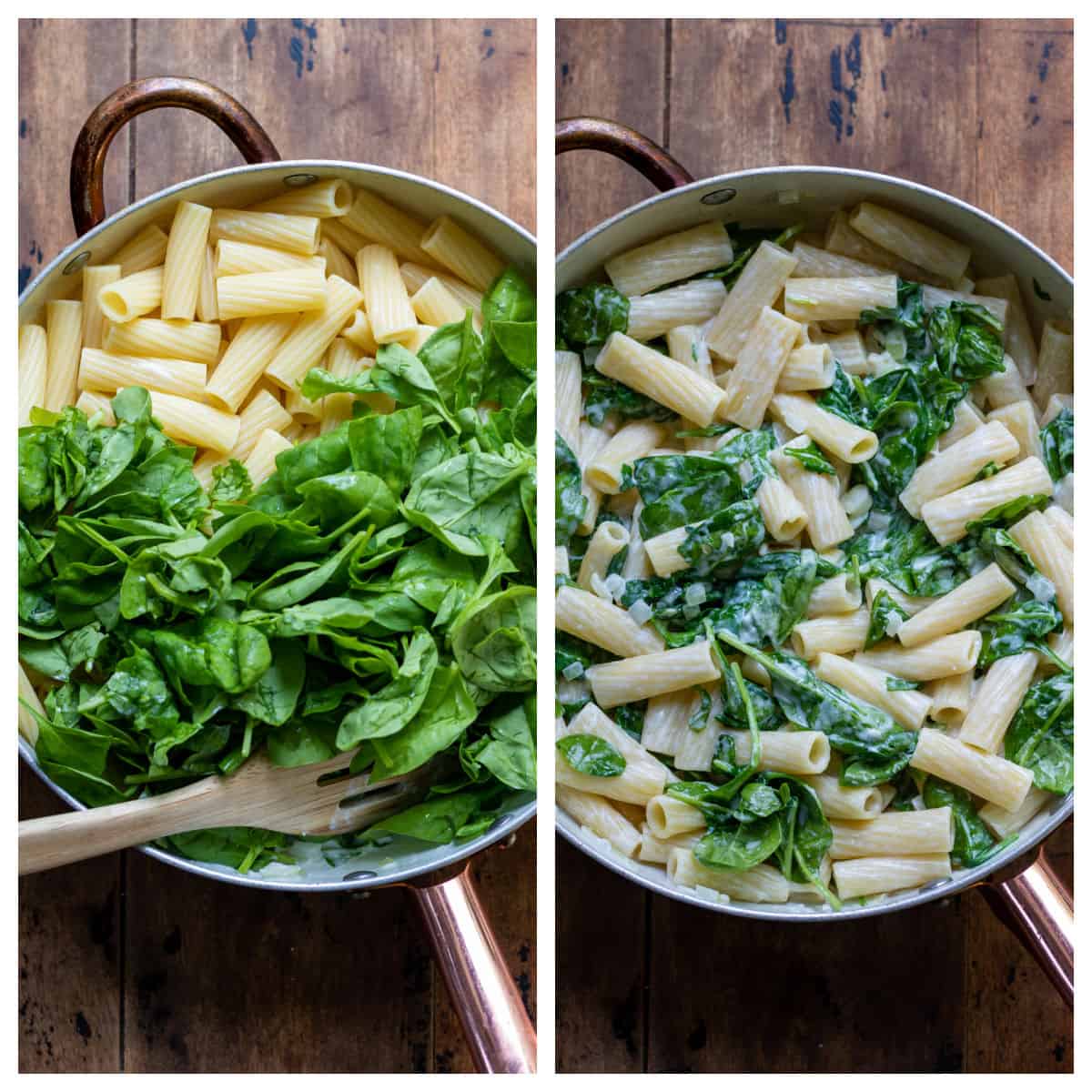 Adding spinach and pasta to the pot.
