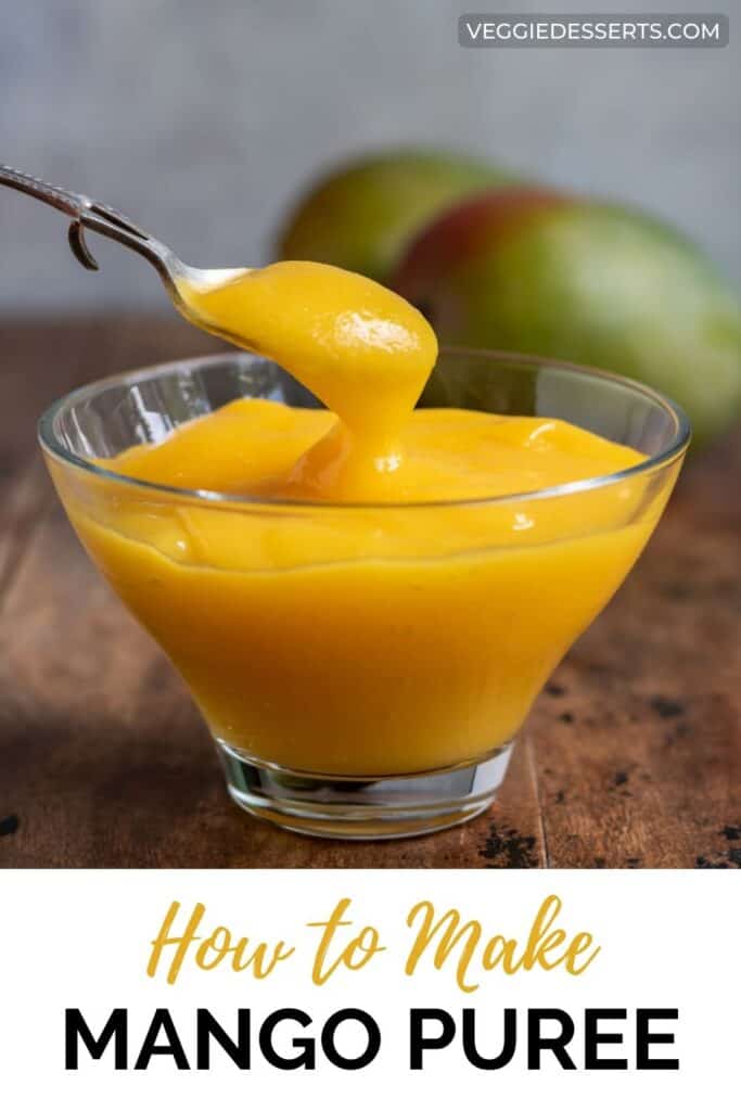 Dish of mango puree with a spoon.