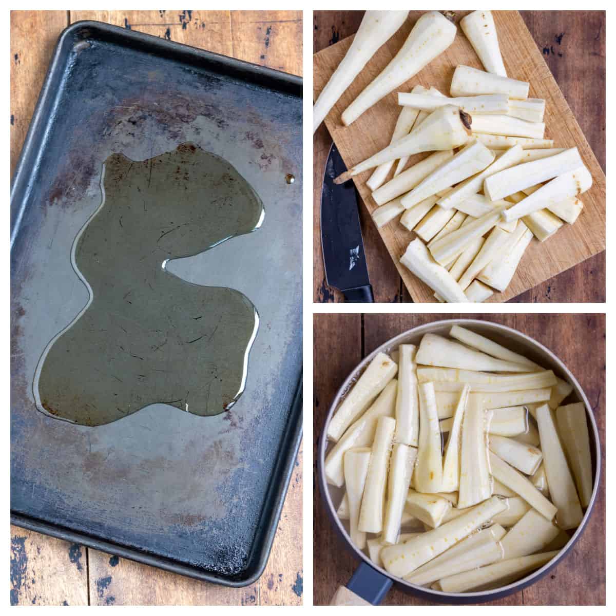 Baking sheet with oil, cutting parsnips, boiling parsnips.