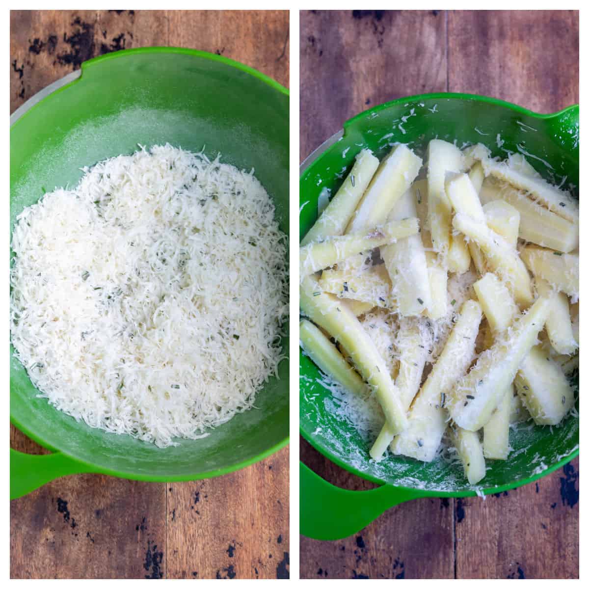 Bowl of flour and parmesan, and parsnips added.