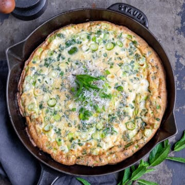 A skillet of cooked frittata.