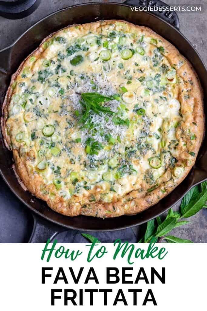 A skillet of frittata with text: How to make fava bean frittata.