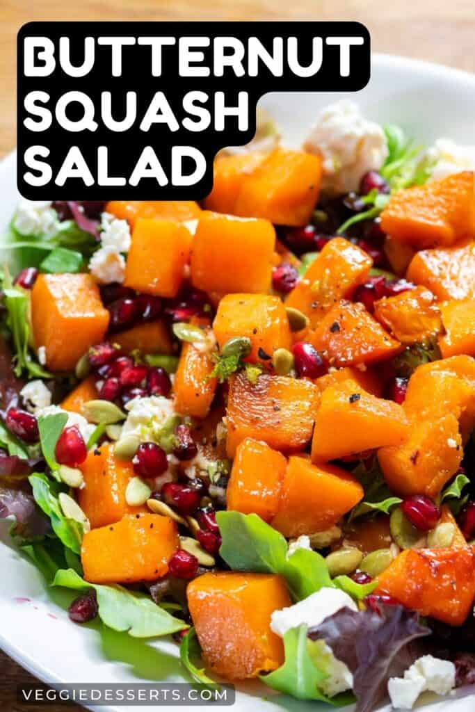 Plate of salad with text: Butternut Squash Salad.