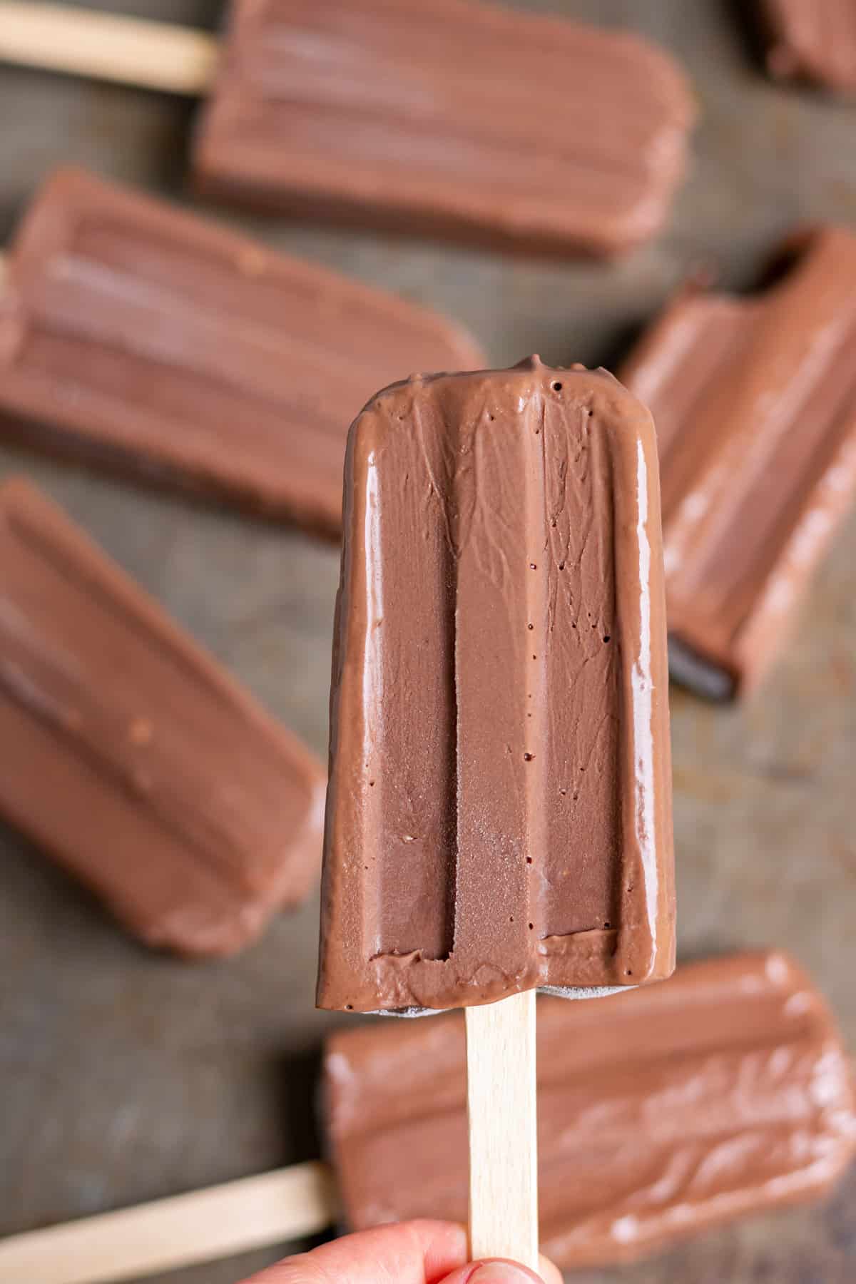 Holding up a chocolate fudgesicles.