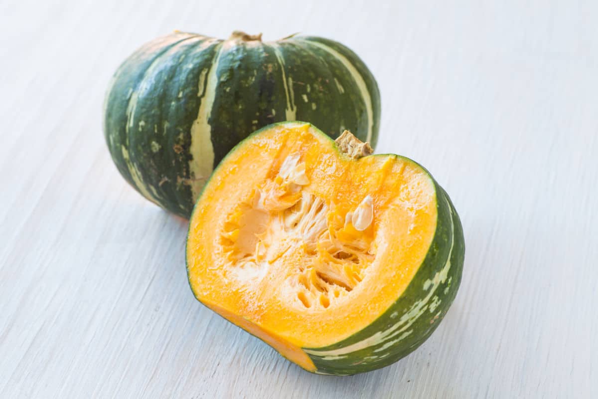 A cut kabocha squash (japanese pumpkin).