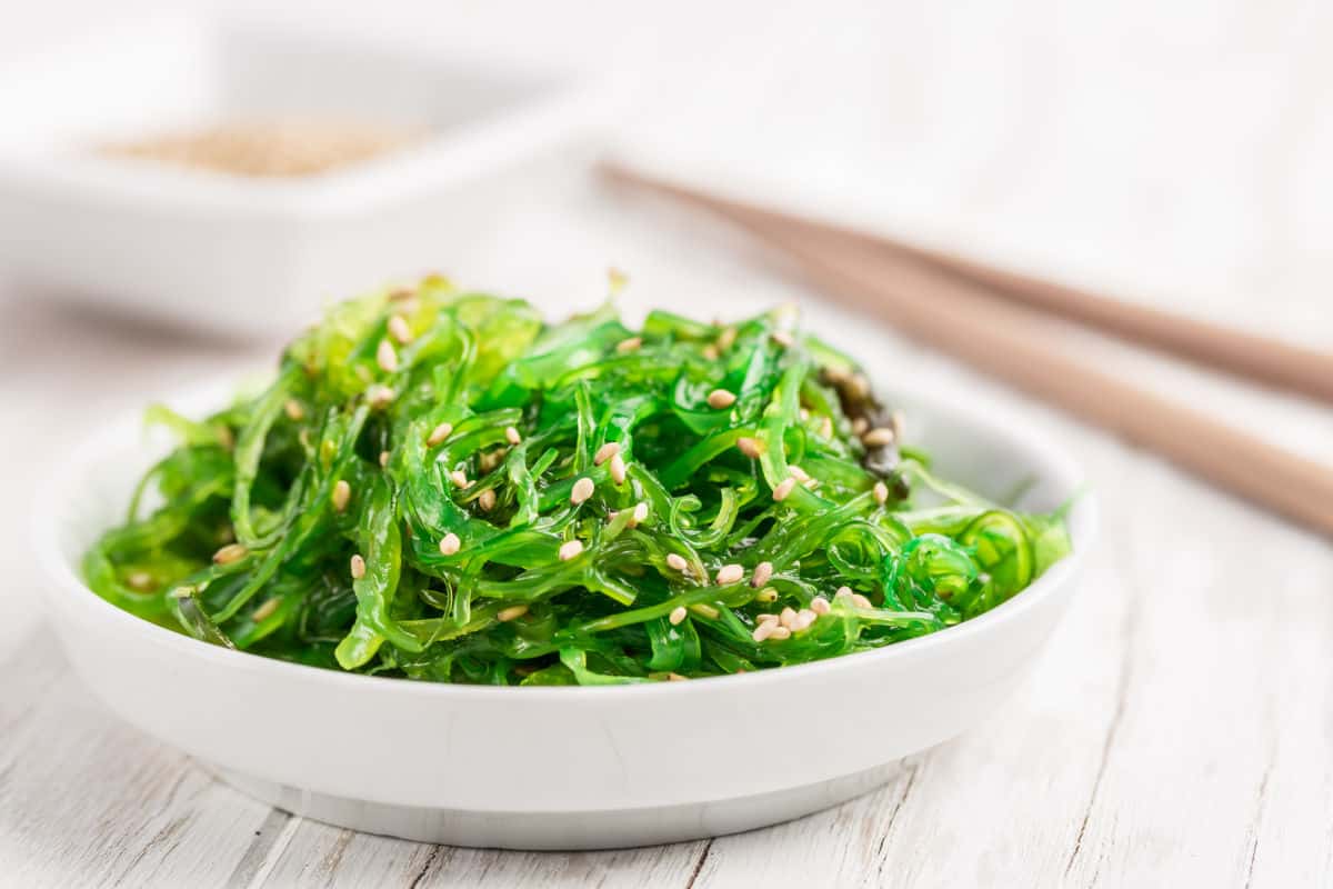 A dish of cooked kelp seaweed.