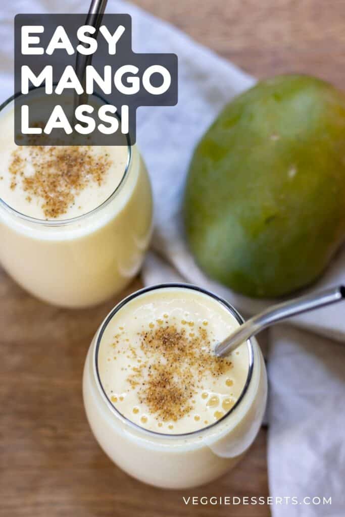 Two full glasses on a table, with text: Easy mango lassi.