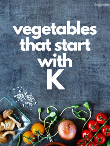 Chalkboard with vegetables at the bottom and text: vegetables that start with K.