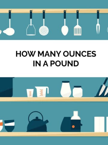 Illustration of kitchen shelves, with text: How many ounces in a pound.