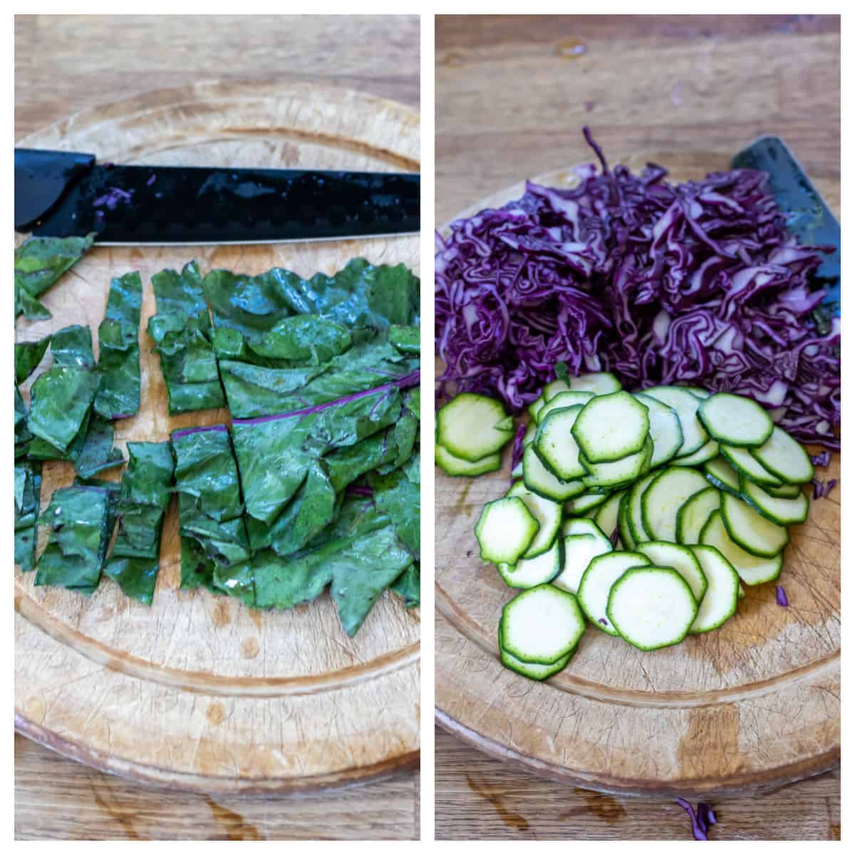 Chopping kohlrabi leaves, red cabbage and zucchini.
