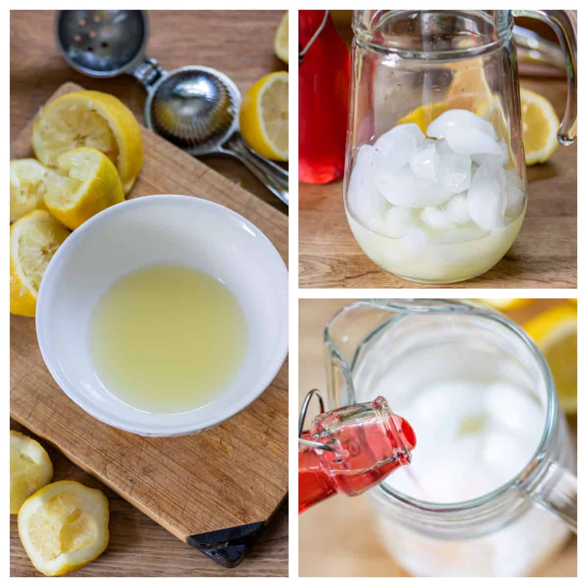 Juicing lemons, adding it to a pitcher of ice.