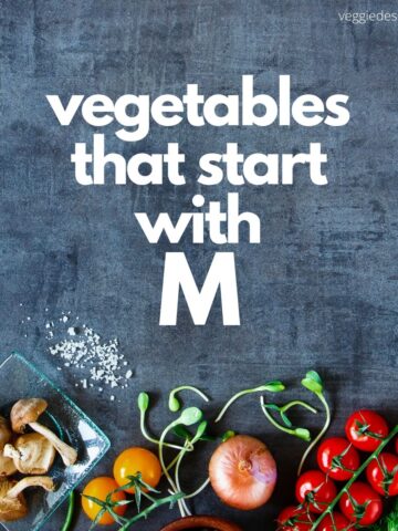 Chalkboard, vegetables and text: Vegetables That Start With M
