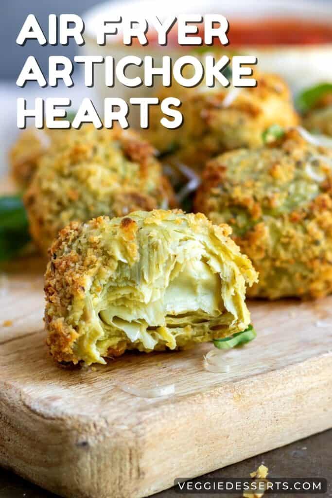Breaded artichoke heart with a bite out, with text: Air Fryer Artichoke Hearts.