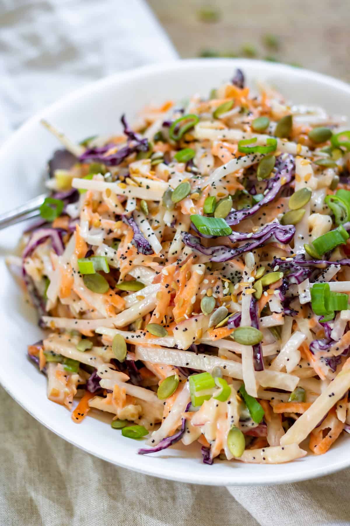 Close up of slaw in a bowl.