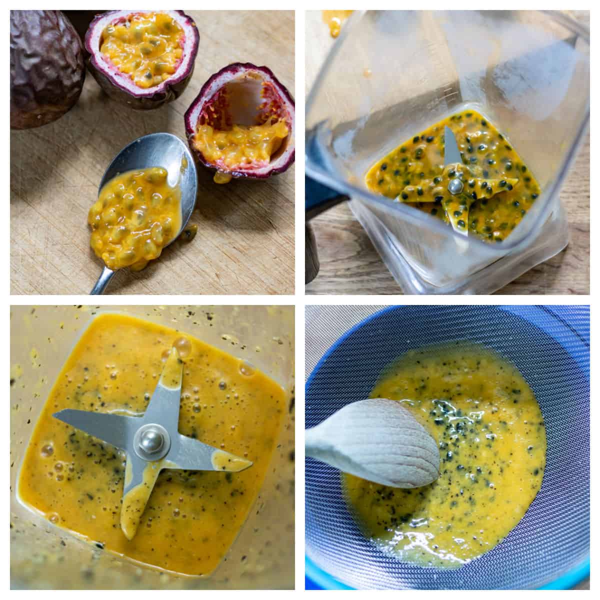 Blending the passion fruit pulp.