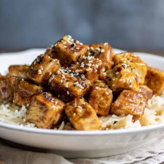 Plate of rice and sticky tofu.