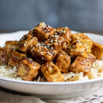 Plate of rice and sticky tofu.