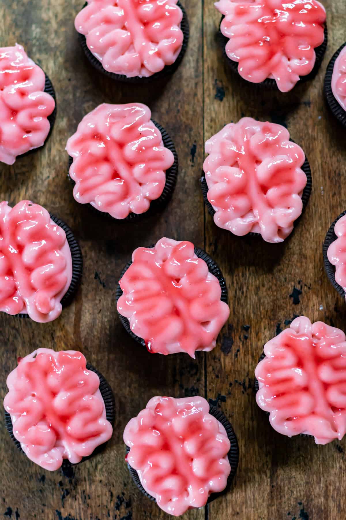 Rows of Oreo cookies decorated like brains for Halloween.