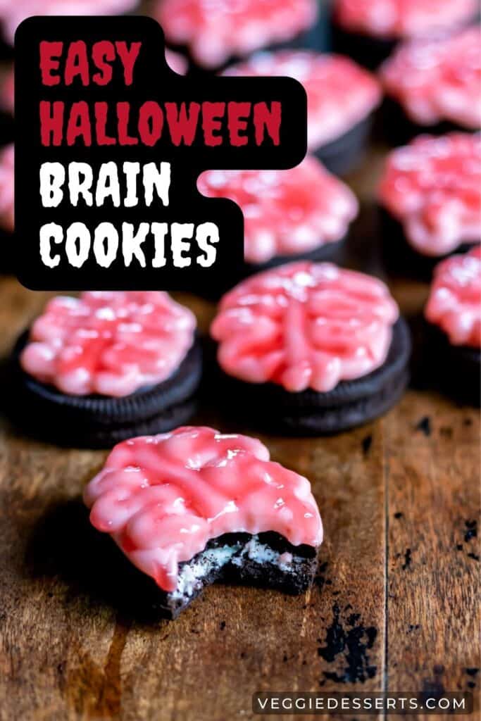 Rows of frosted Oreo cookies, with text: Easy Halloween Brain Cookies.