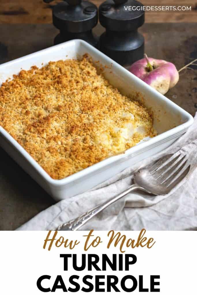 Baking dish of turnip casserole with a scoop out.