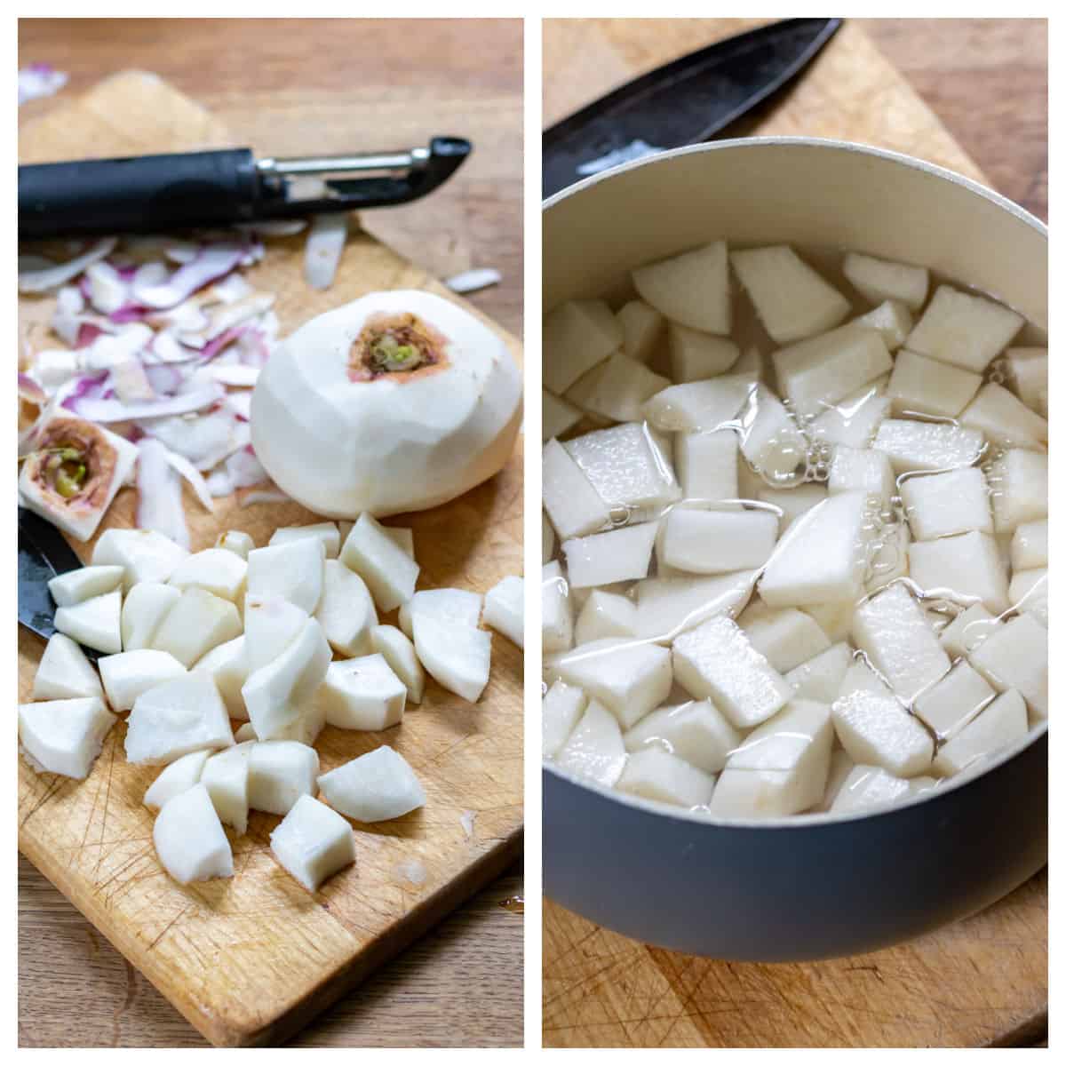 Peeling and part boiling chopped turnips.