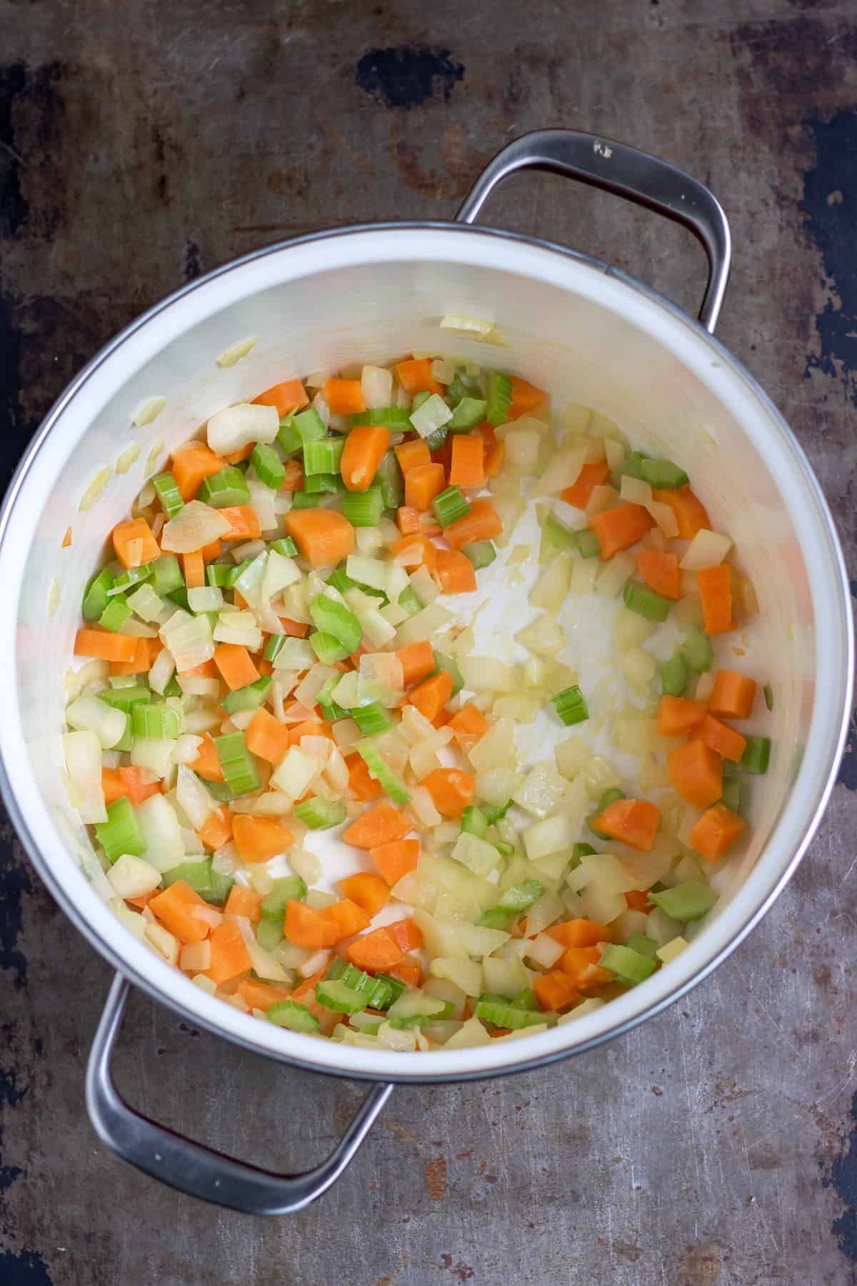 Sauteeing carrots, onion and celery.