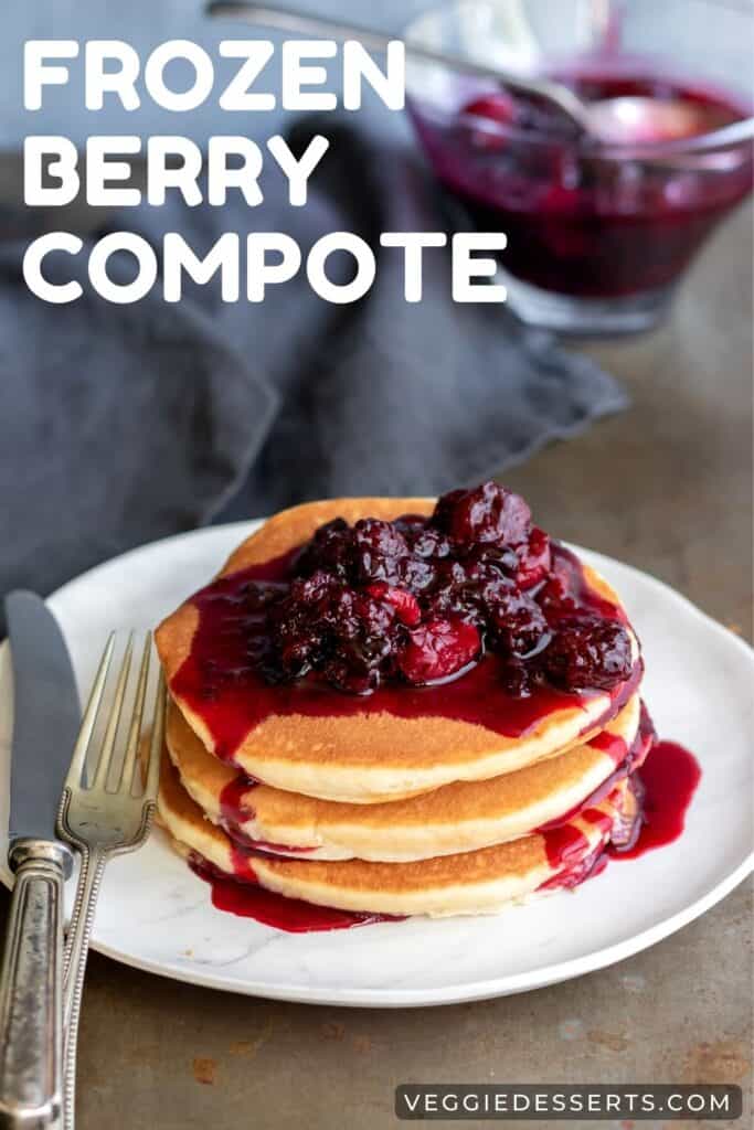 Frozen berry compote on a stack of pancakes.