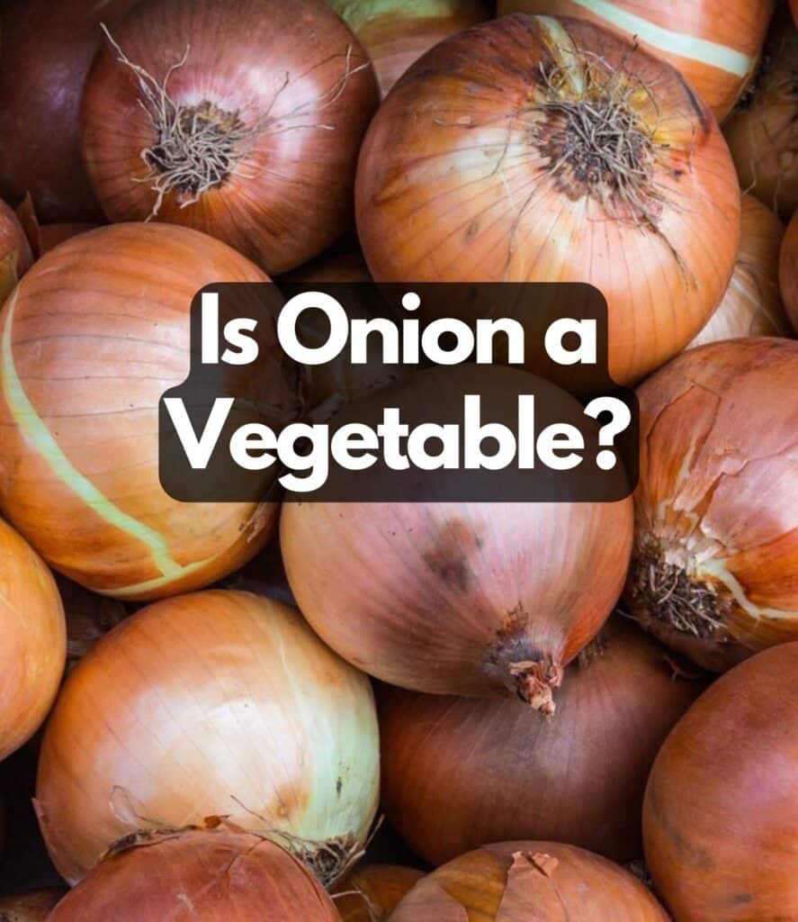 Pile of onions and text: is onion a vegetable.