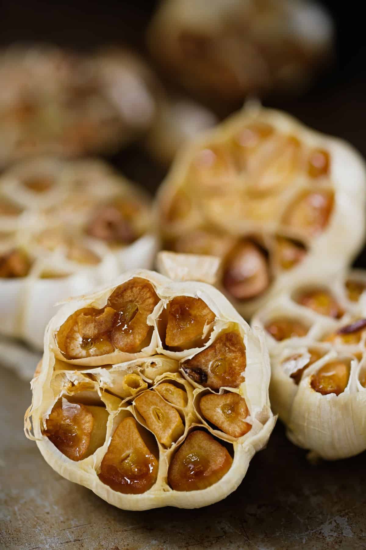 Bulbs of roasted garlic.
