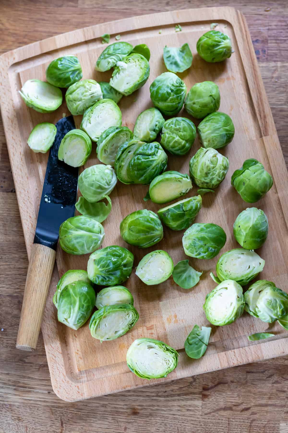 Trimming brussels sprouts.