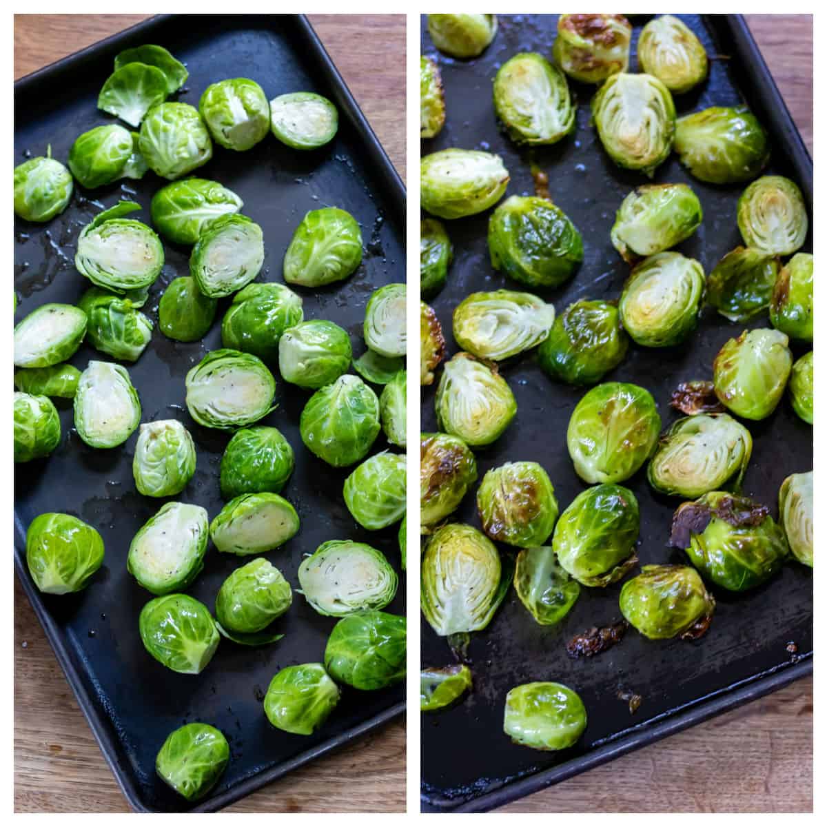 Roasting sprouts on a rimmed baking sheet.