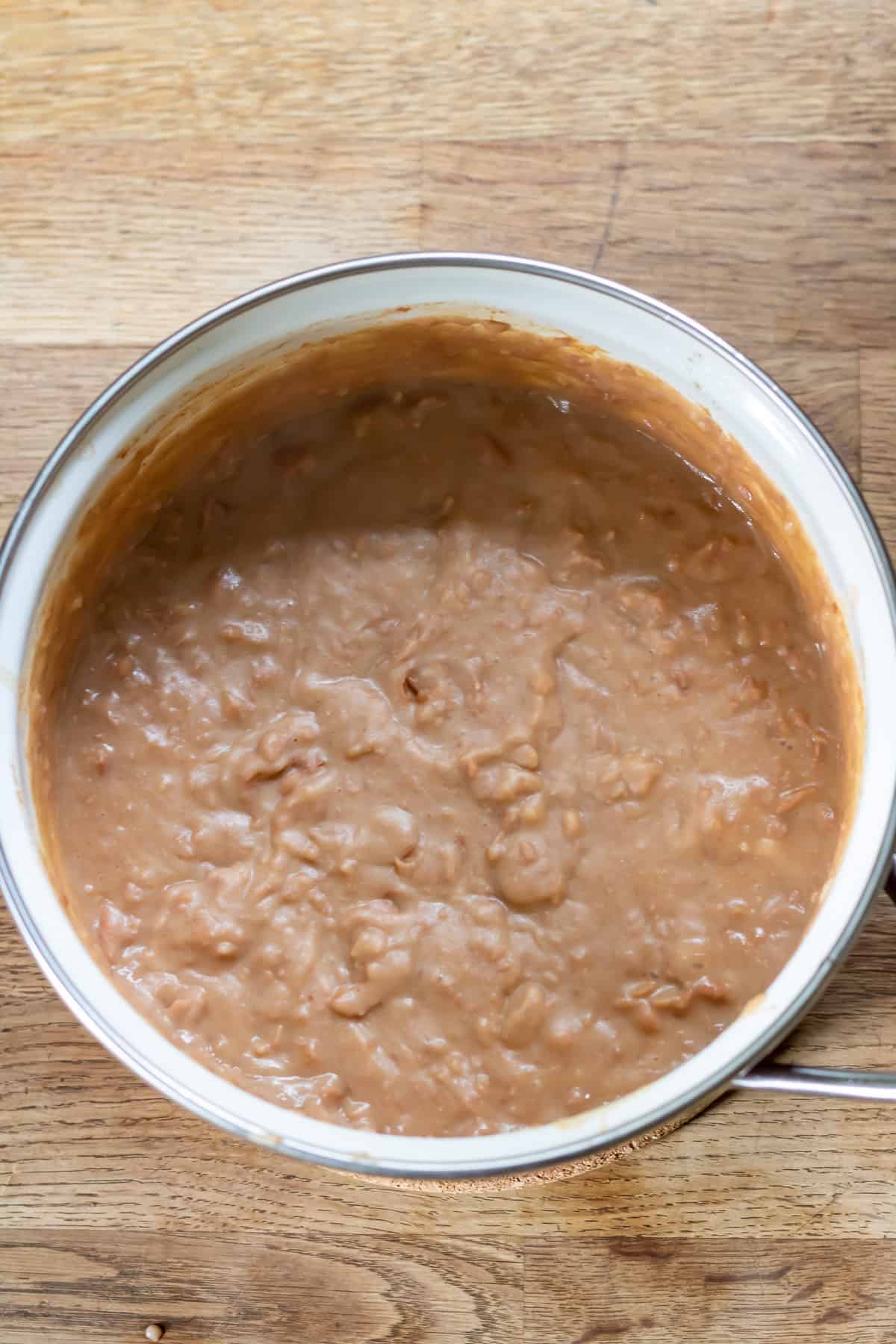 Refried beans made in a pot.