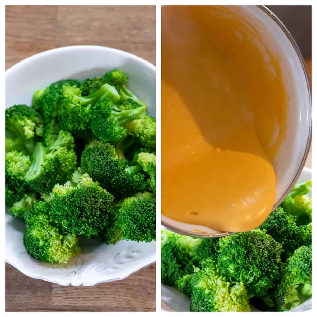 Pouring cheese sauce onto steamed broccoli.