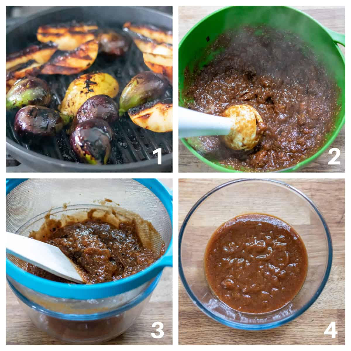 Grilling figs and pears, then pureeing and sieving into coulis.