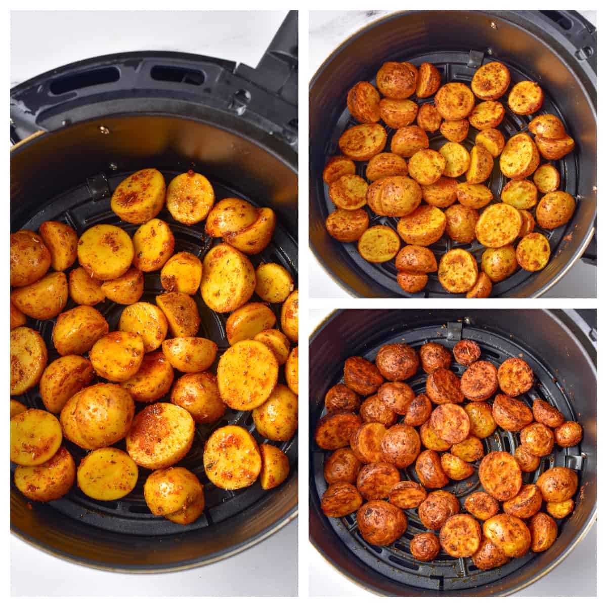 Stages of air frying potatoes.